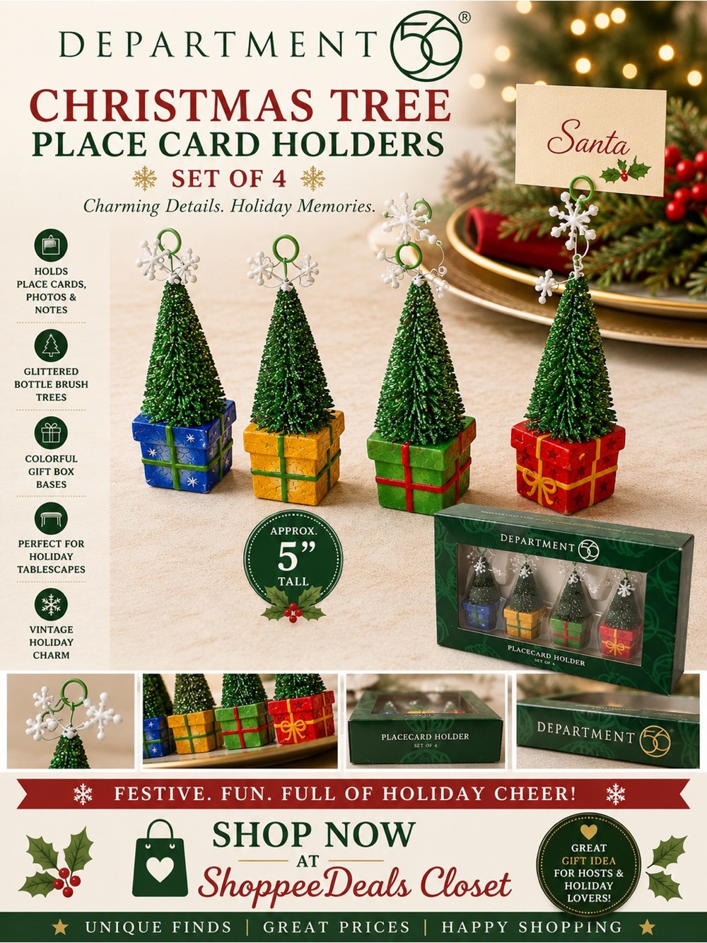 Department 56 Christmas Tree Place Card Holder Set of 4 Holiday Decor